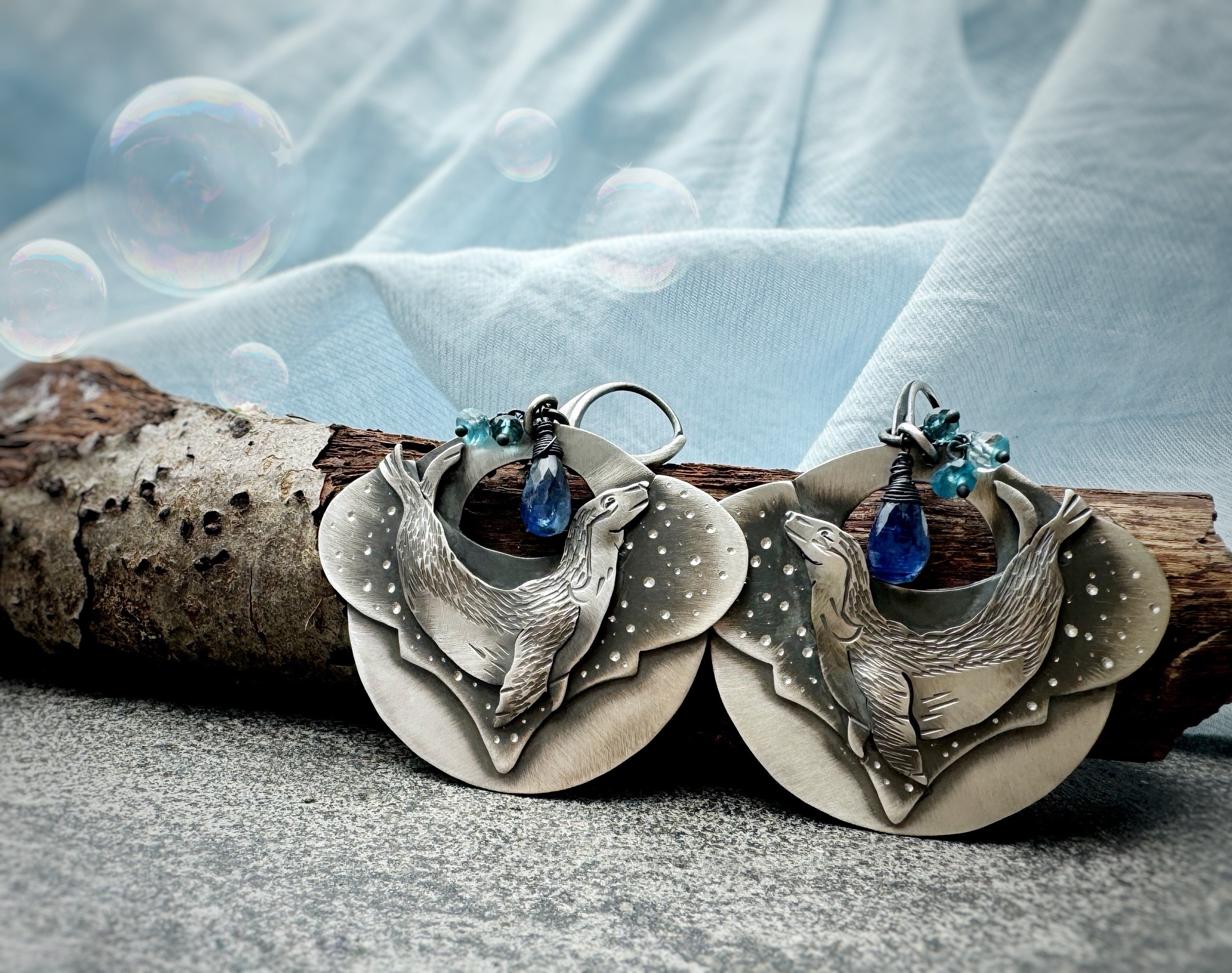 The Sea Lion Earrings  - Kyanite, Topaz & Apatite