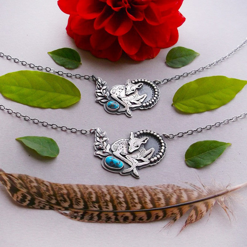 Baby Deer Necklace II - Bambi Sleeping Beauty Turquoise Necklace