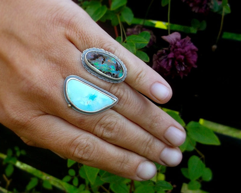 Tide Pool Ring - Australian Opal and Blue Ridge Lightening Turquoise with 18K gold Accent