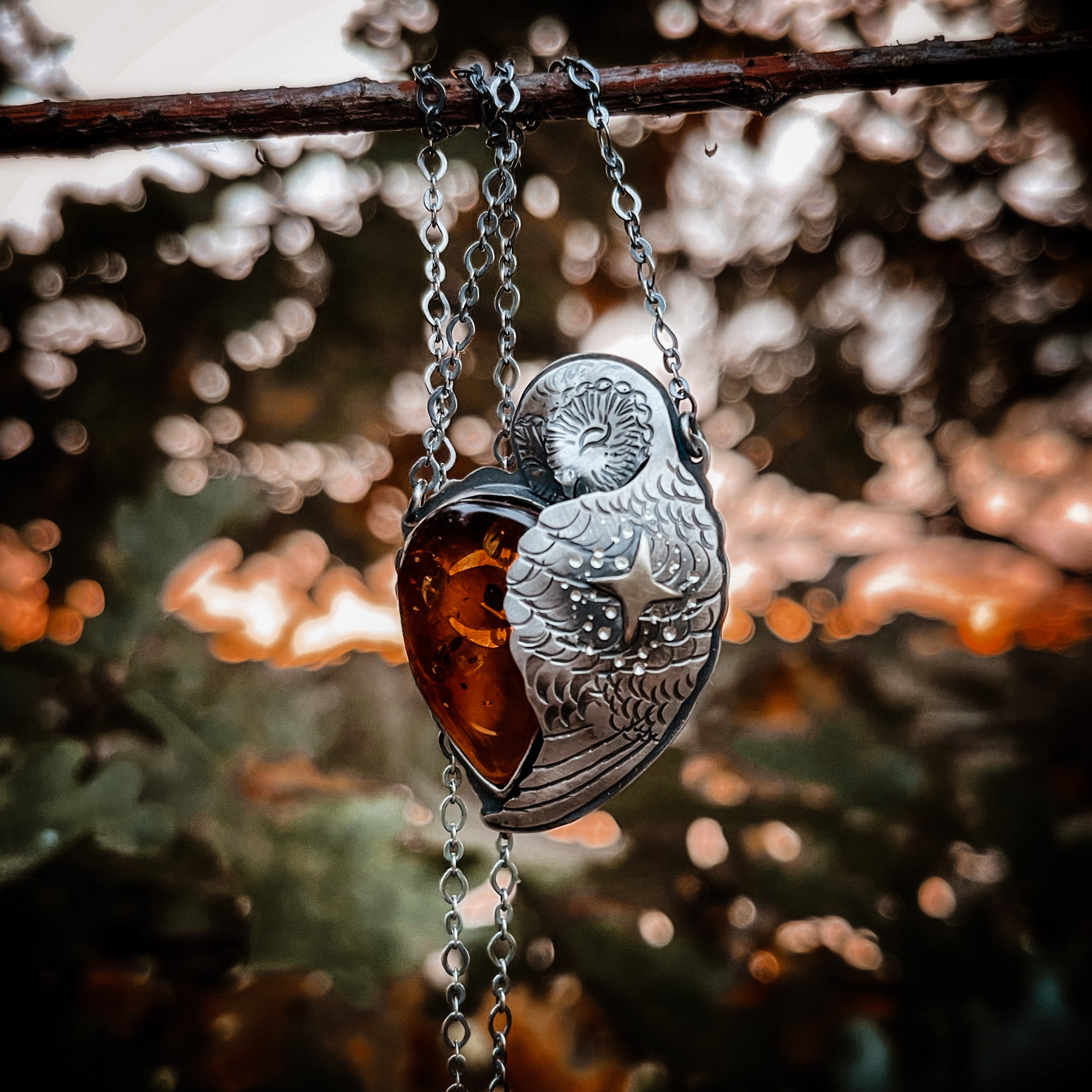 The Sleeping Barn Owl Necklace - Amber of your Choice